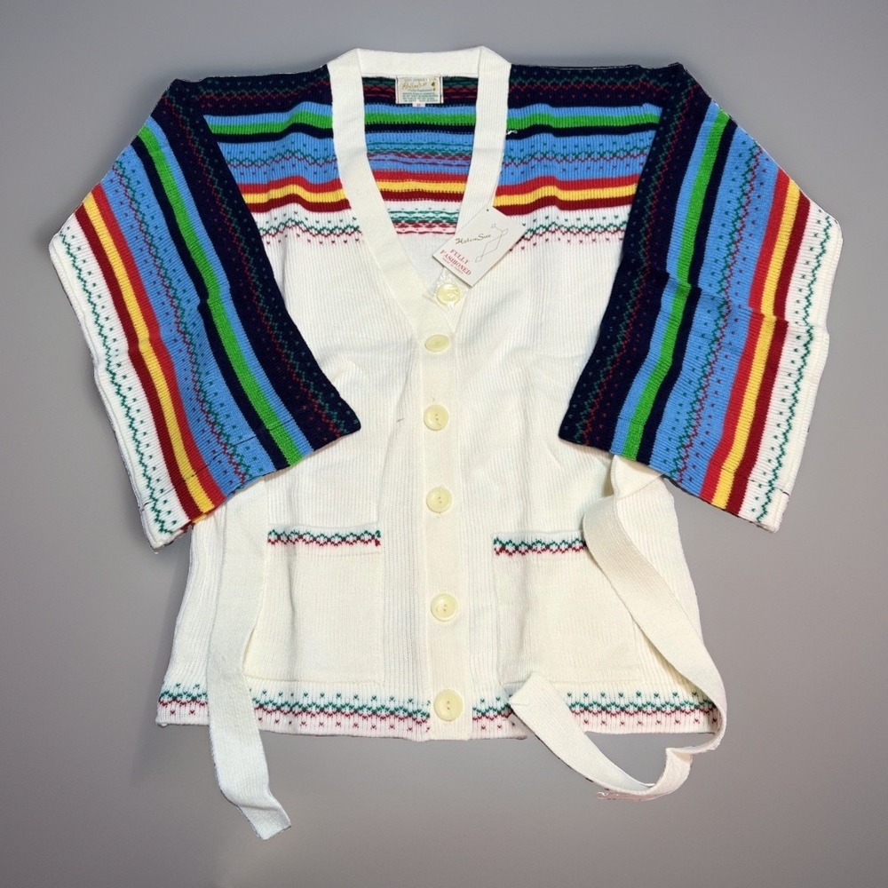 Helen Sue Vtg 70's Cardigan Sweater S Belted Multi-Color Striped White Acrylic